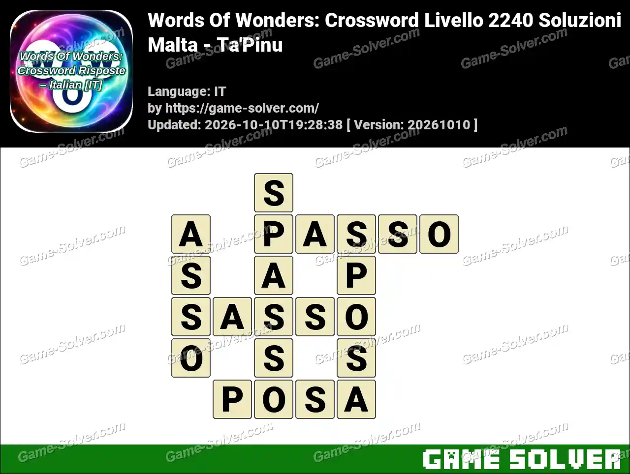 Words Of Wonders: Crossword Livello 2240 Soluzioni – Malta – Ta’Pinu